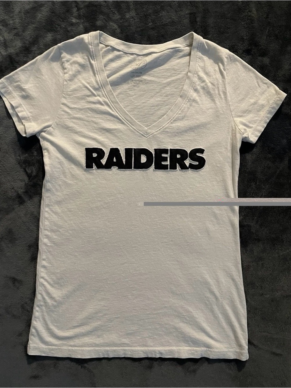 47 Women's White V-Neck Tee with Black 'RAIDERS' Logo
